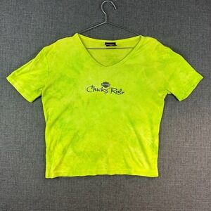 Harley Davidson Chicks Rule Neon Green Tie Dye V Neck Short Sleeve T Shirt XL‎